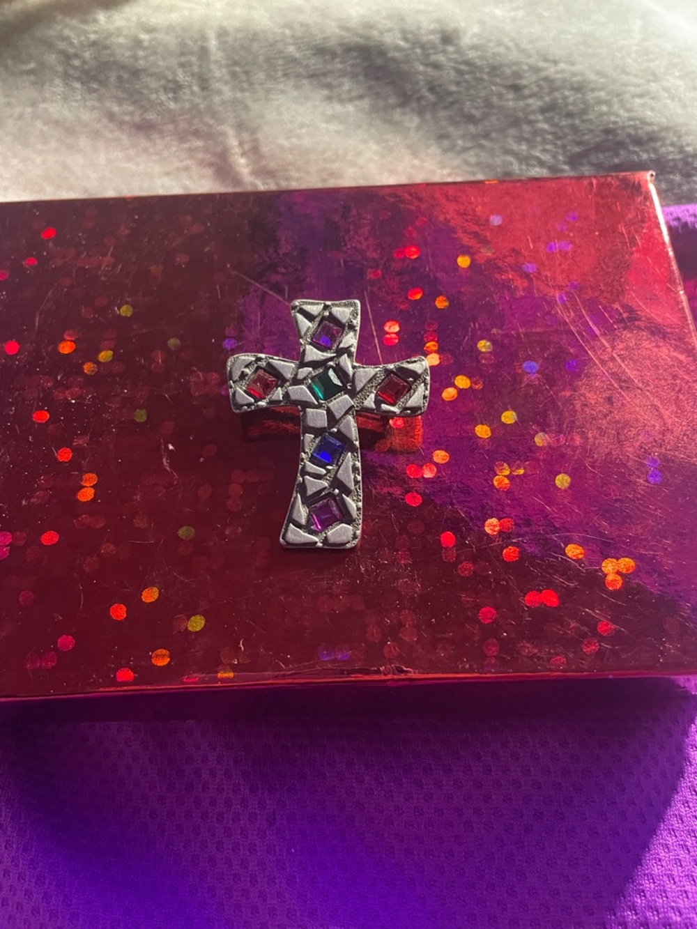 Silver Mosaic Cross Pin with Multicolor Gems